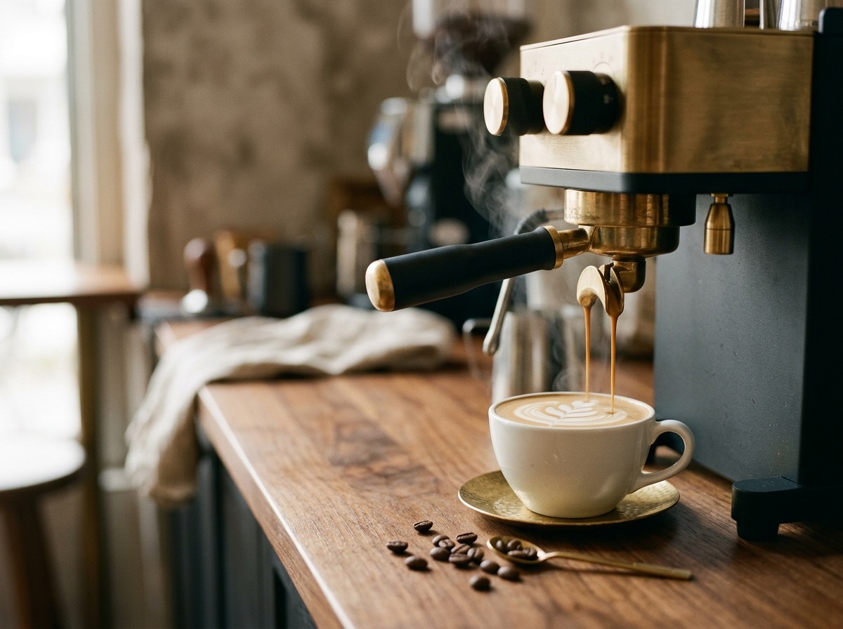 A brass espresso machine pulling a fresh latte over a walnut counter
