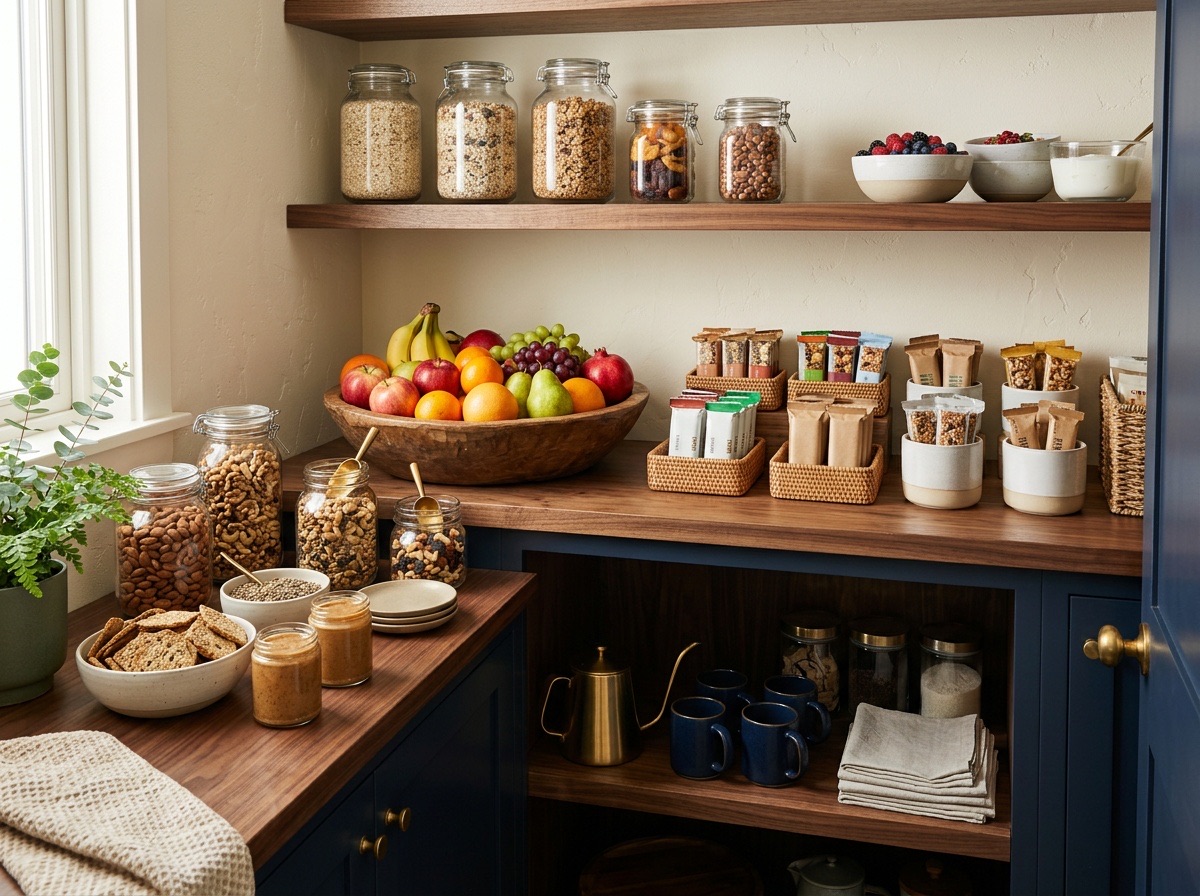 A curated office pantry with fresh fruit, granola, nuts, and breakfast staples