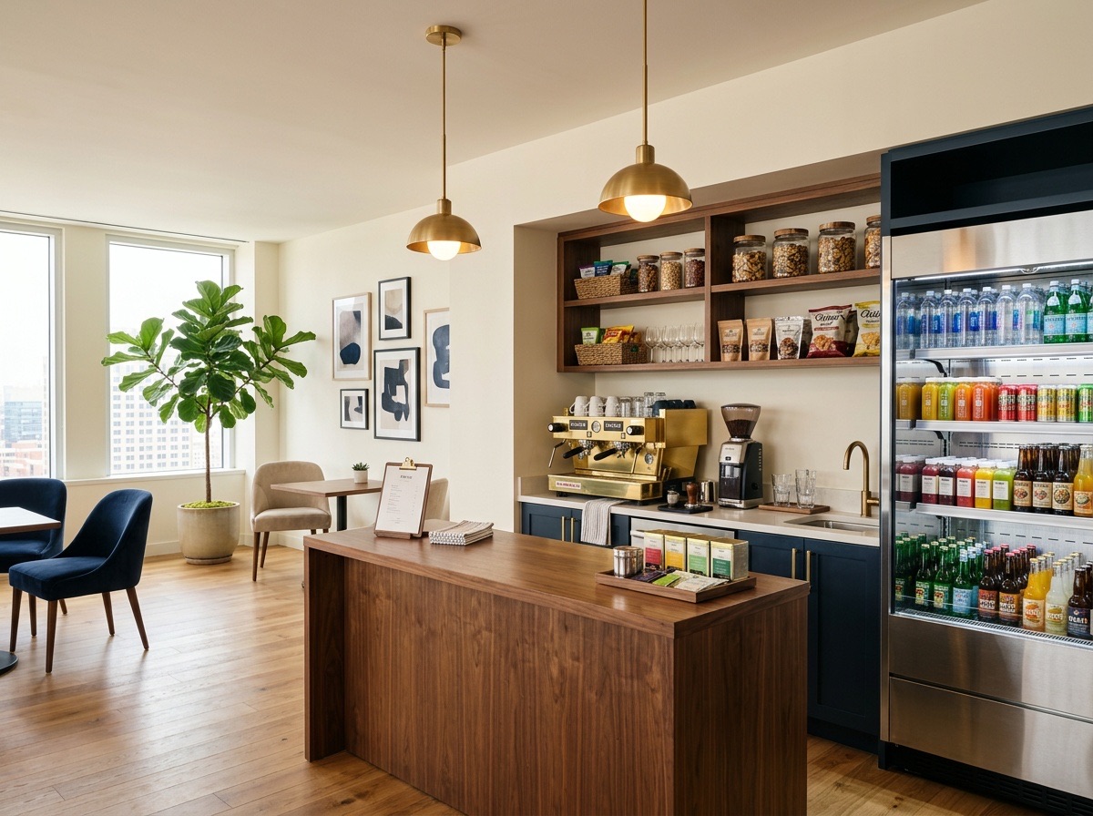 A fully stocked office breakroom with a coffee bar, snack shelves, and a drinks cooler